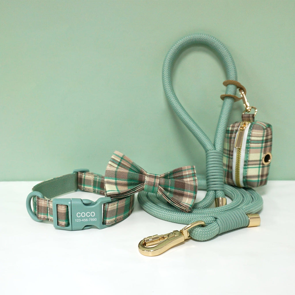 Personalized Light Weight Dog Collar Bowtie Leash Poop Bag Set
