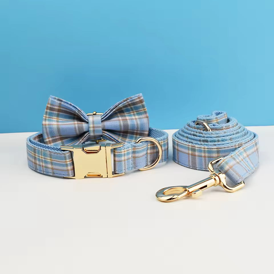 Dog Collar Leash Harness Set, Blue Plaid