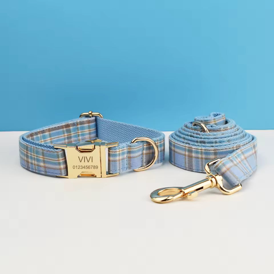 Dog Collar Leash Harness Set, Blue Plaid