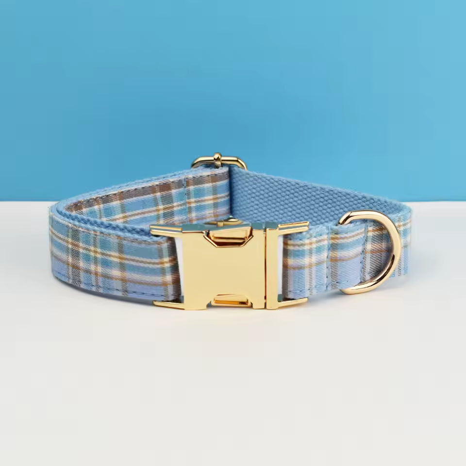 Dog Collar Leash Harness Set, Blue Plaid