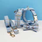 Dog Collar Leash Harness Set, Blue Plaid