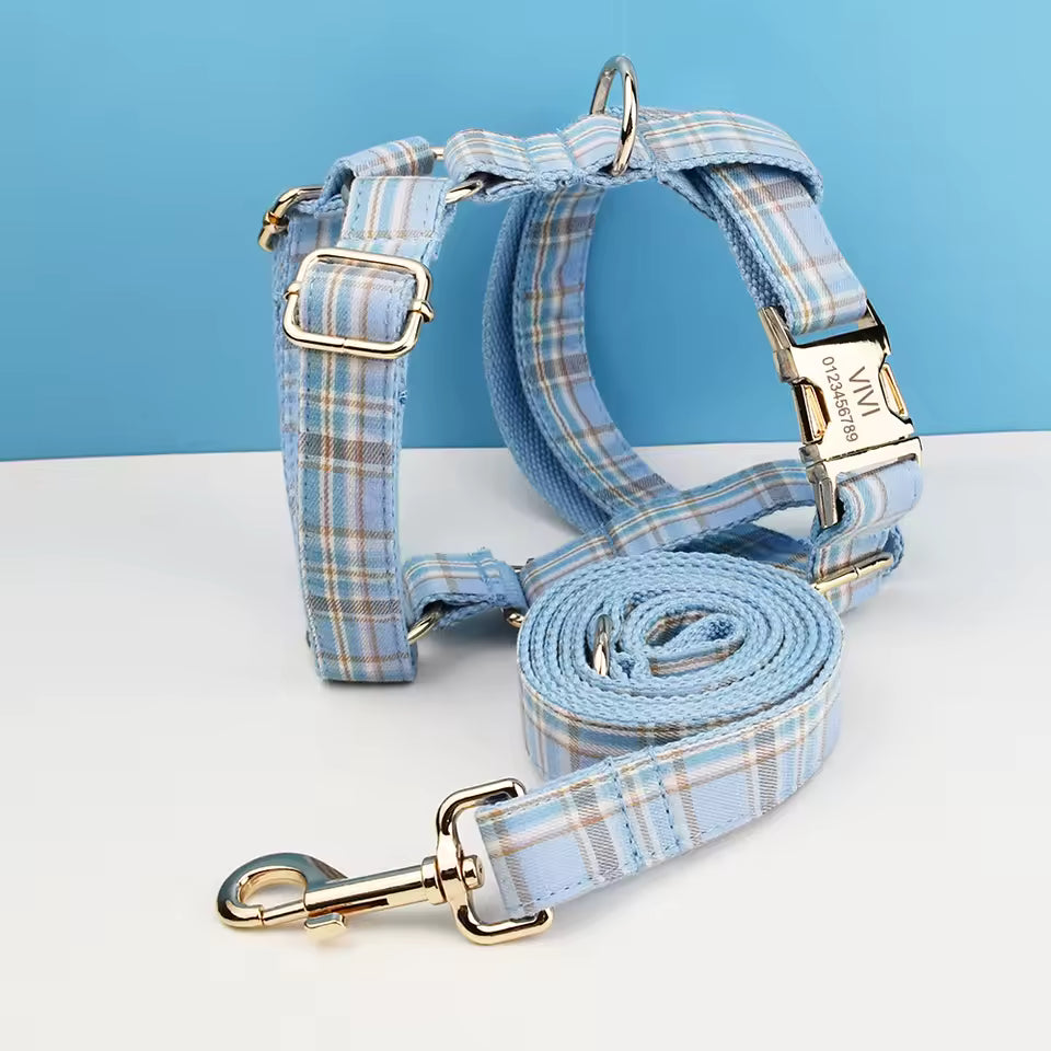 Dog Collar Leash Harness Set, Blue Plaid