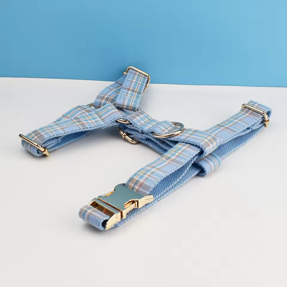 Dog Collar Leash Harness Set, Blue Plaid