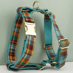 D&D Paws  Autumn Blue Plaid Dog Collar, Harness & Leash Set – Classic Elegance