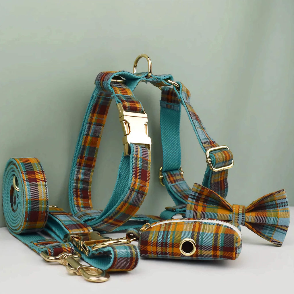 D&D Paws  Autumn Blue Plaid Dog Collar, Harness & Leash Set – Classic Elegance