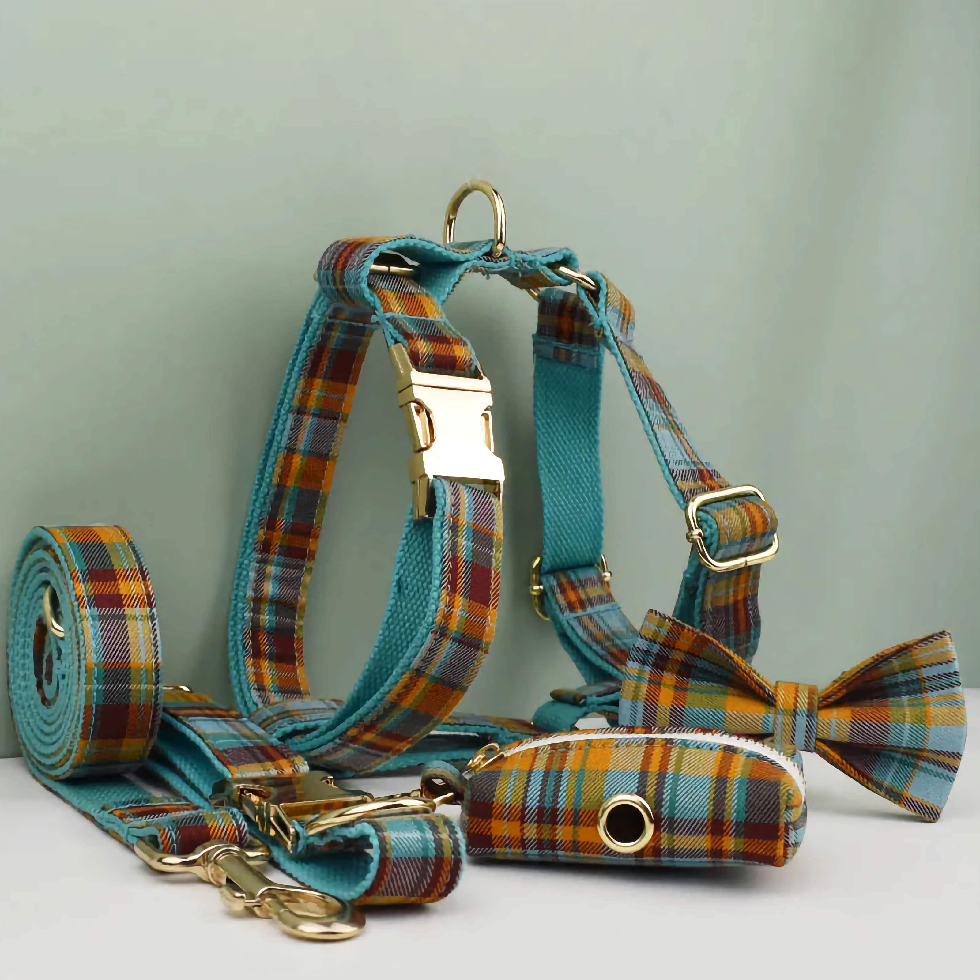 D&D Paws  Autumn Blue Plaid Dog Collar, Harness & Leash Set – Classic Elegance