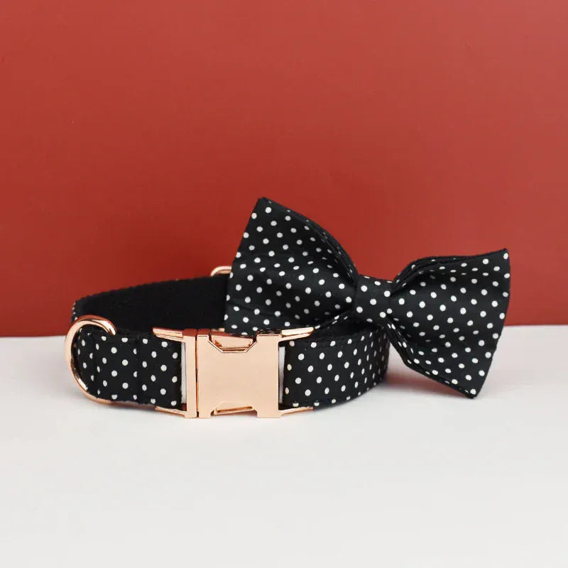 D&D Paws  Black Polka Dot Dog Collar, Harness & Leash Set – Classic Elegance