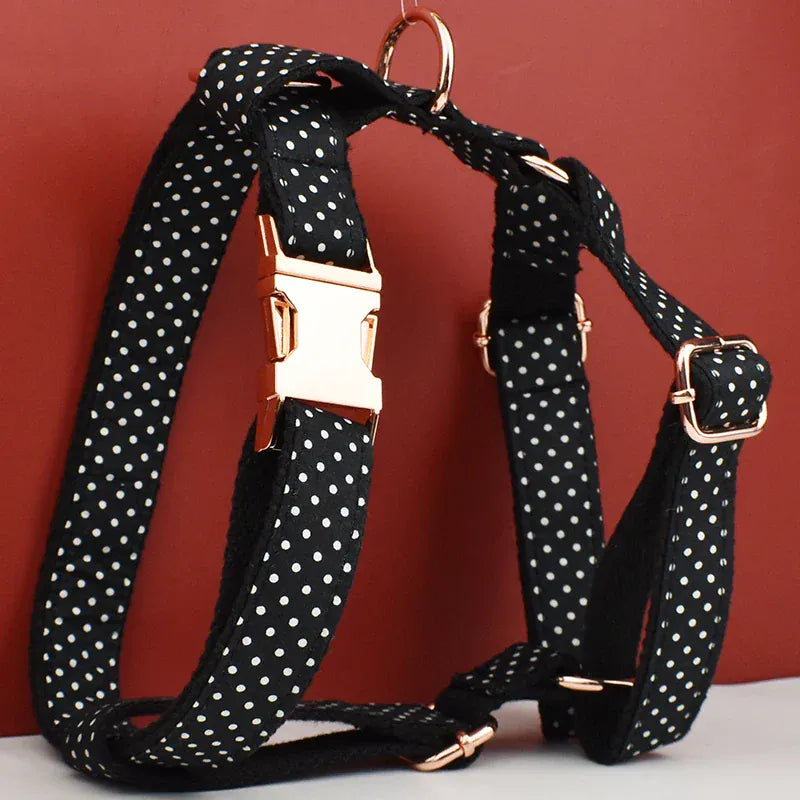 D&D Paws  Black Polka Dot Dog Collar, Harness & Leash Set – Classic Elegance