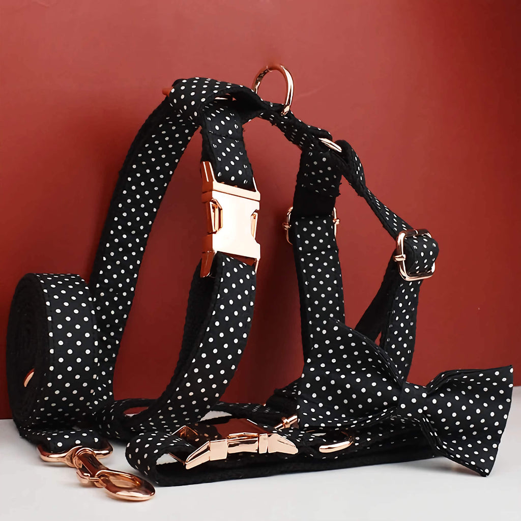 D&D Paws  Black Polka Dot Dog Collar, Harness & Leash Set – Classic Elegance