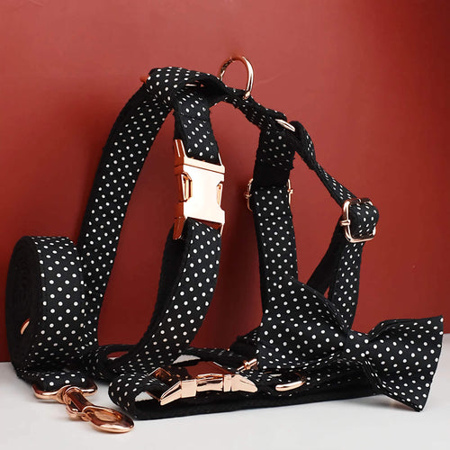 D&D Paws  Black Polka Dot Dog Collar, Harness & Leash Set – Classic Elegance