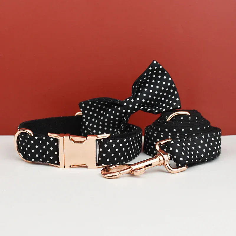 D&D Paws  Black Polka Dot Dog Collar, Harness & Leash Set – Classic Elegance