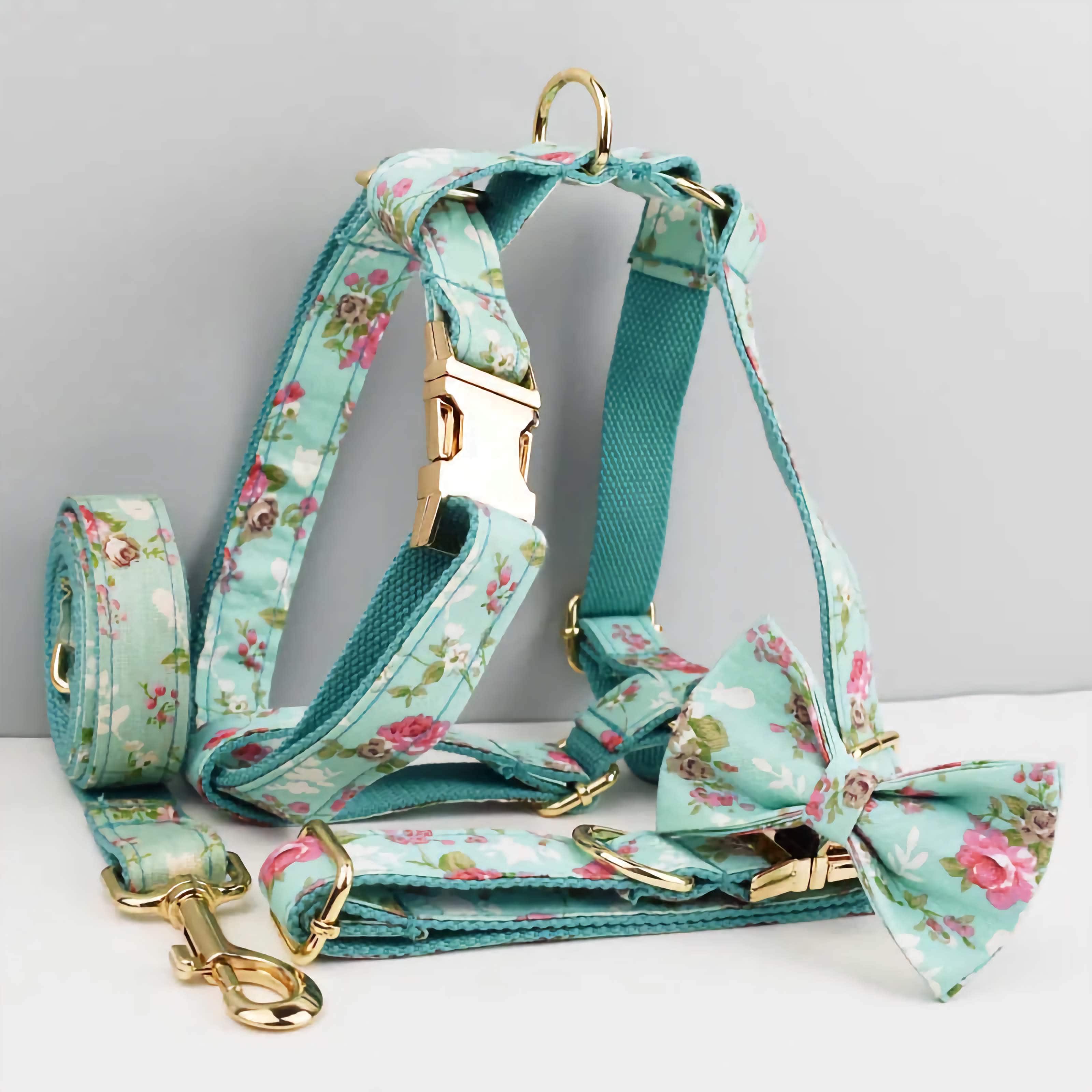D&D Paws  Blue Blossom Floral Dog Collar, Harness & Leash Set – Personalized Luxe
