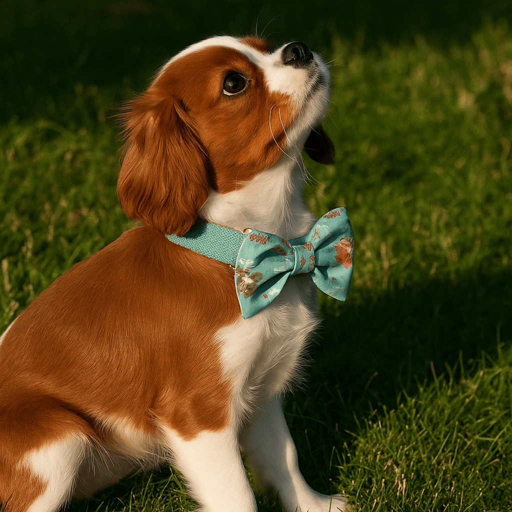 D&D Paws  Blue Blossom Floral Dog Collar, Harness & Leash Set – Personalized Luxe