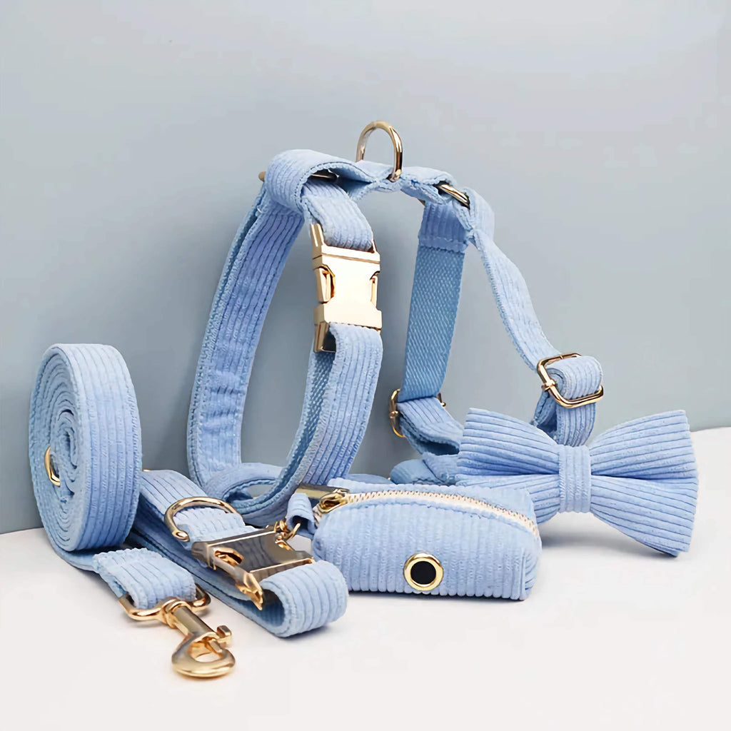 D&D Paws  Blue Corduroy Dog Harness, Collar & Leash Set – Classic Elegance Collection