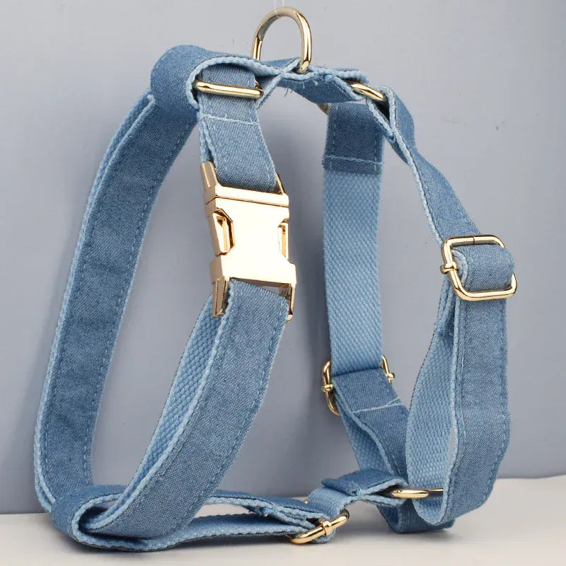 D&D Paws  Blue Denim Dog Harness, Collar & Leash Set – Classic Elegance Collection
