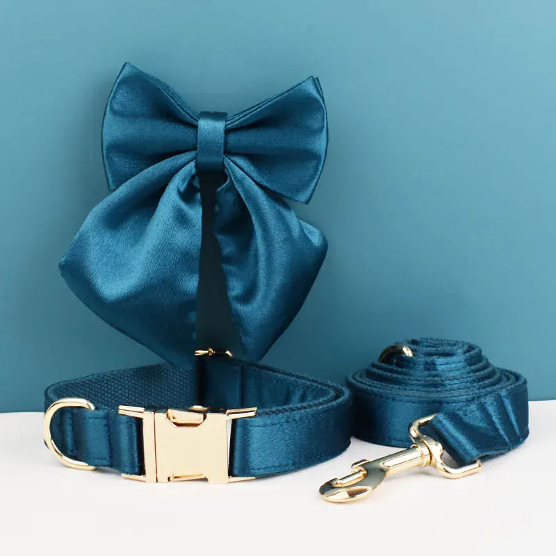 D&D Paws  Blue Green Satin Wedding Dog Collar, Harness & Leash Set – Classic Elegance