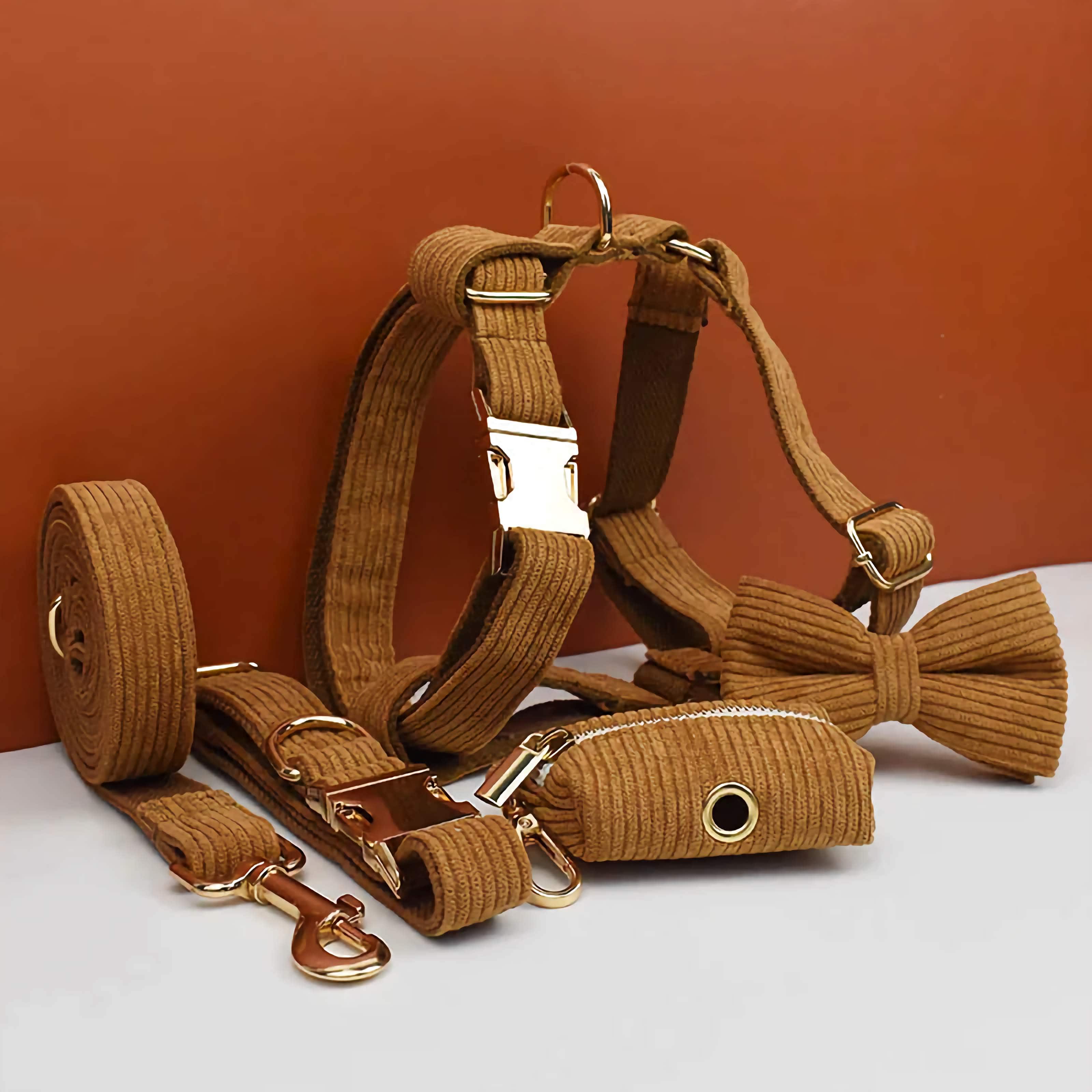 D&D Paws  Caramel Corduroy Dog Harness, Collar & Leash Set – Classic Elegance Collection