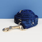 D&D Paws  Dark Blue Velvet Dog Collar, Harness & Leash Set – Classic Elegance Personalized