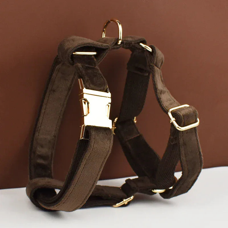 D&D Paws  Dark Brown Velvet Dog Harness, Collar & Leash Set – Modern Luxe Collection