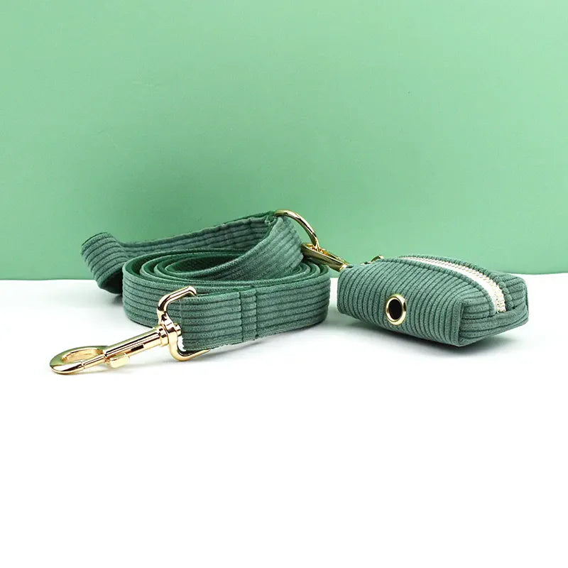 D&D Paws  Dark Green Corduroy Dog Collar, Harness & Leash Set – Classic Elegance