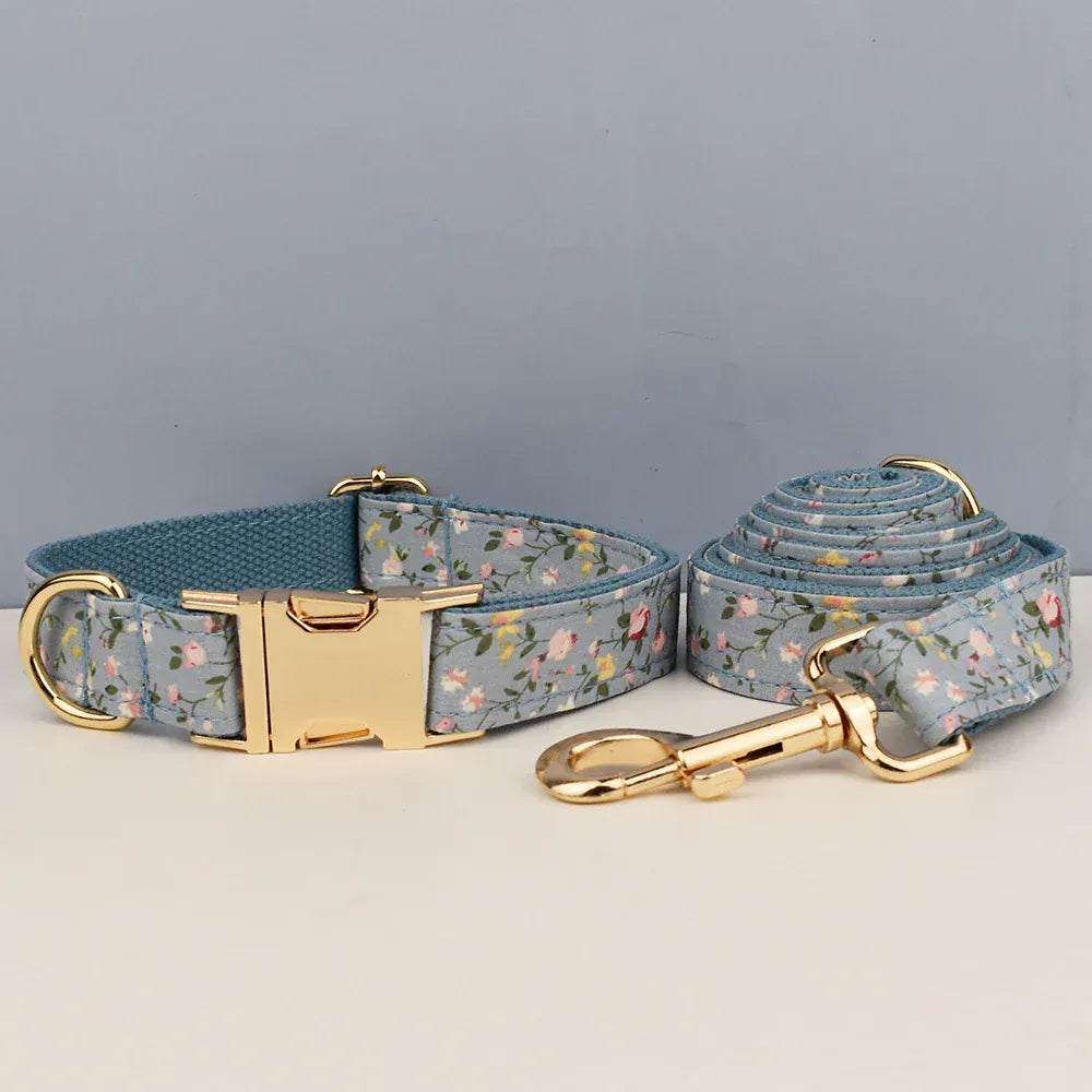 D&D Paws  Dusty Blue Blossom Floral Dog Collar, Harness & Leash Set – Personalized