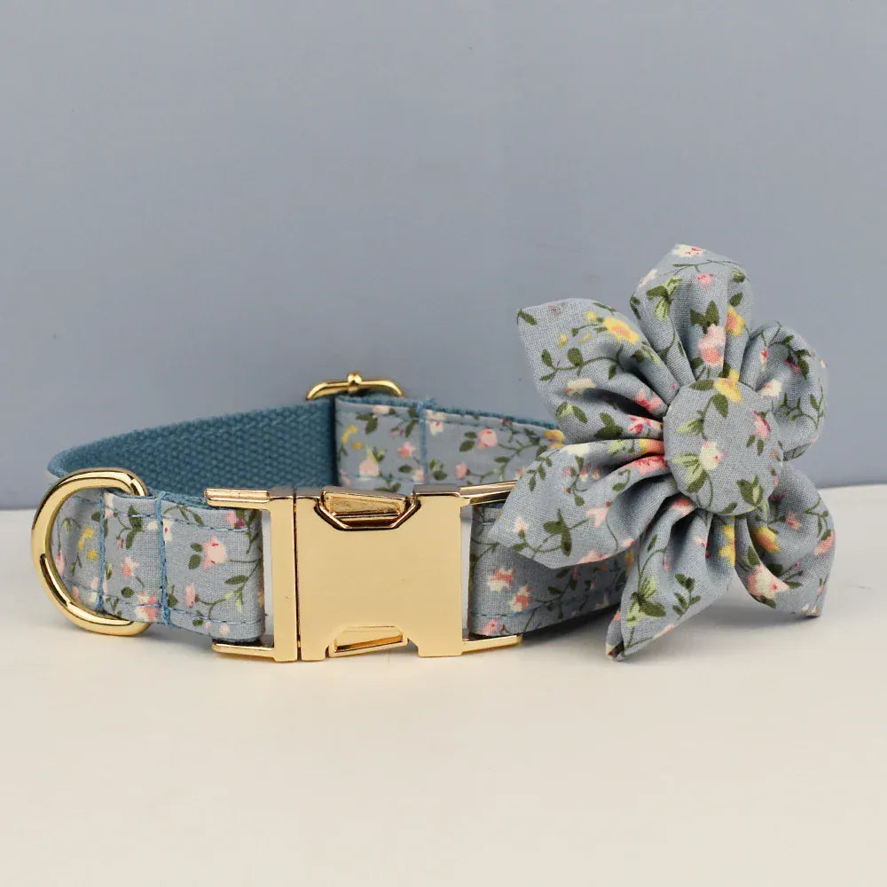 D&D Paws  Dusty Blue Blossom Floral Dog Collar, Harness & Leash Set – Personalized
