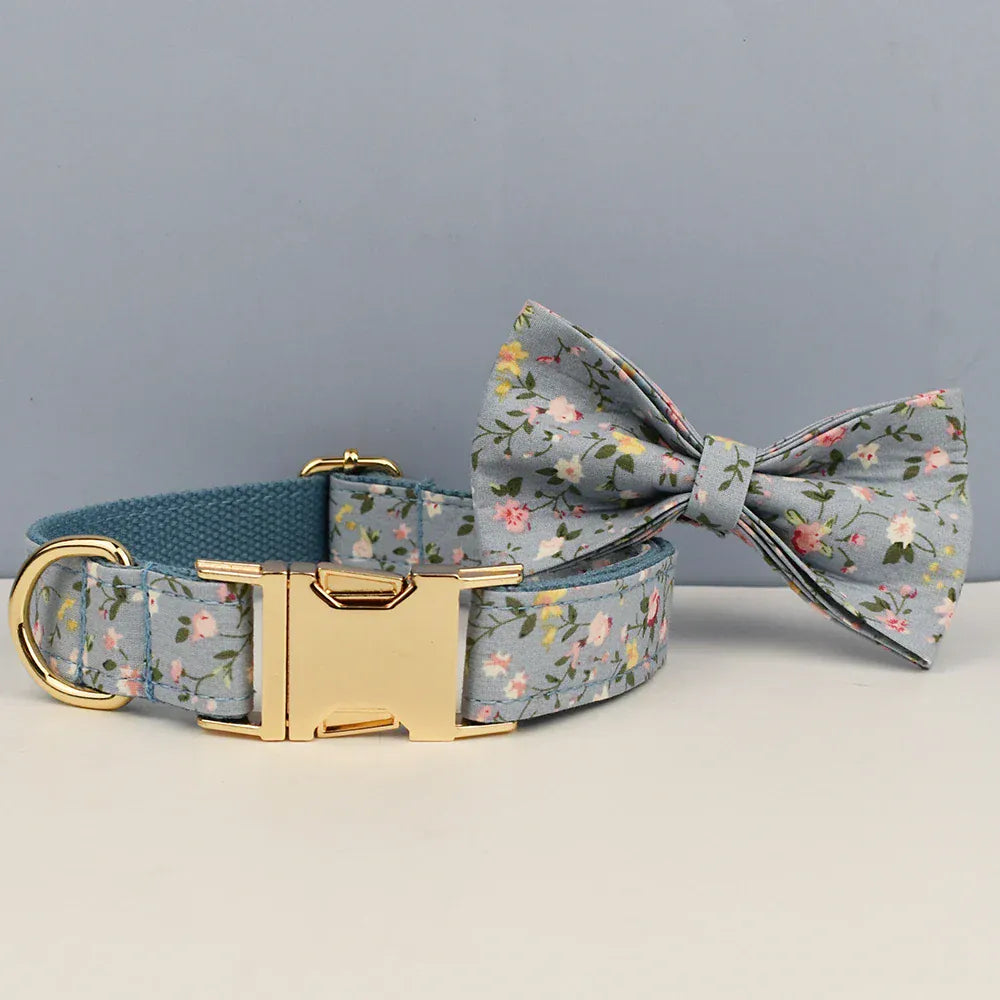 D&D Paws  Dusty Blue Blossom Floral Dog Collar, Harness & Leash Set – Personalized