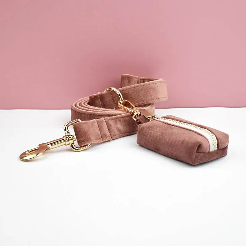 D&D Paws  Dusty Pink Velvet Dog Harness, Collar & Leash Set – Modern Luxe Personalized