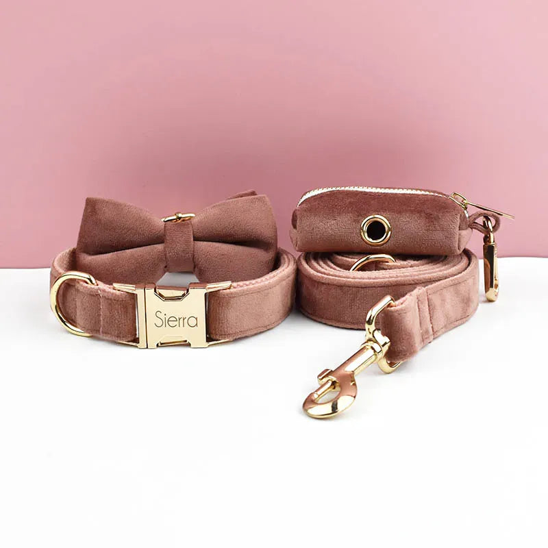 D&D Paws  Dusty Pink Velvet Dog Harness, Collar & Leash Set – Modern Luxe Personalized