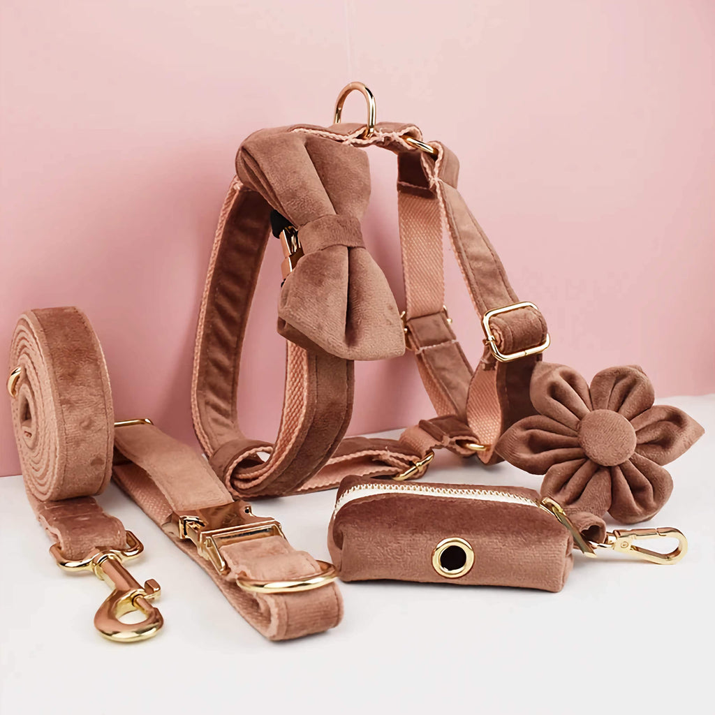D&D Paws  Dusty Pink Velvet Dog Harness, Collar & Leash Set – Modern Luxe Personalized