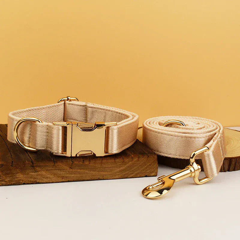 D&D Paws  Gold Satin Wedding Dog Collar, Harness & Leash Set – Classic Elegance