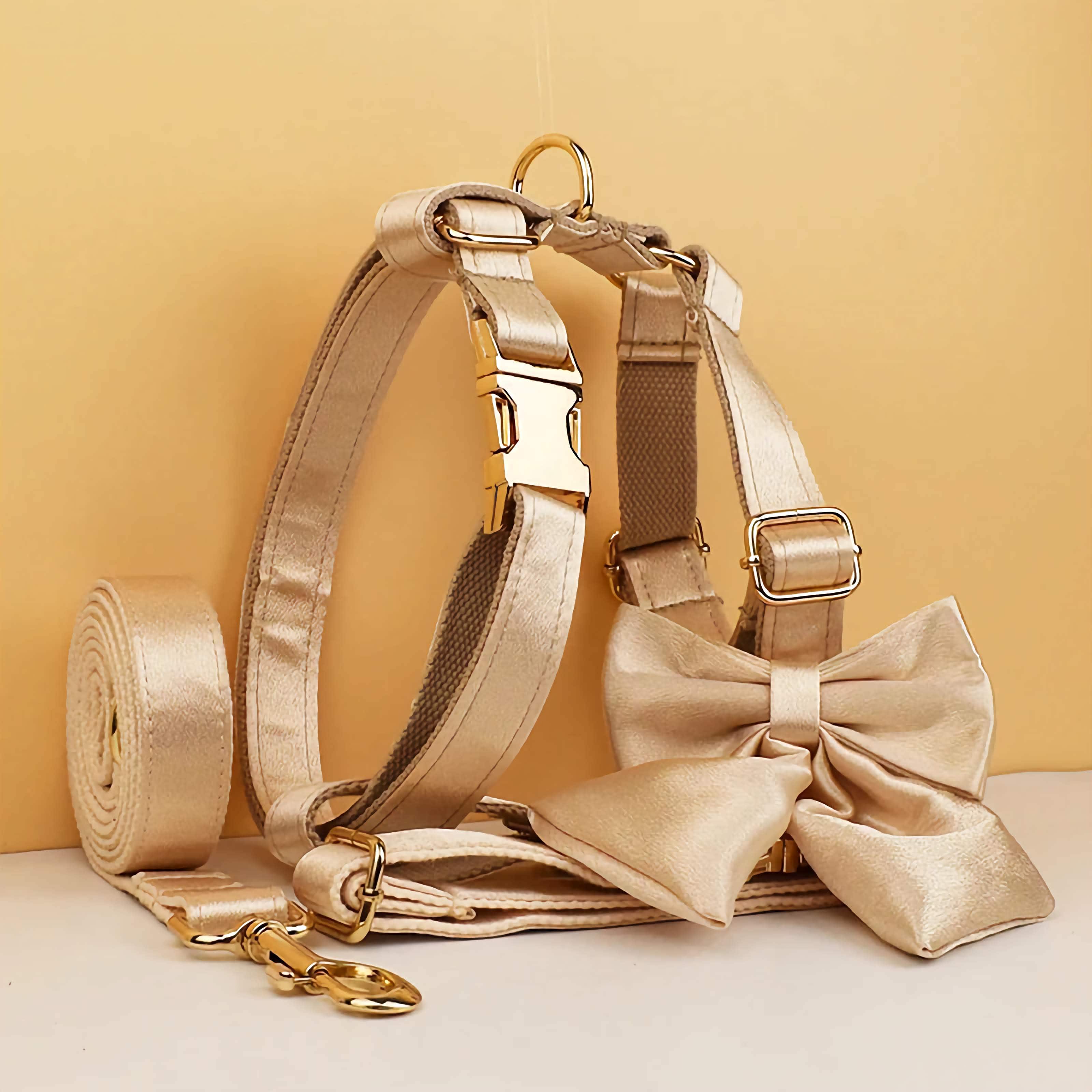 D&D Paws  Gold Satin Wedding Dog Collar, Harness & Leash Set – Classic Elegance