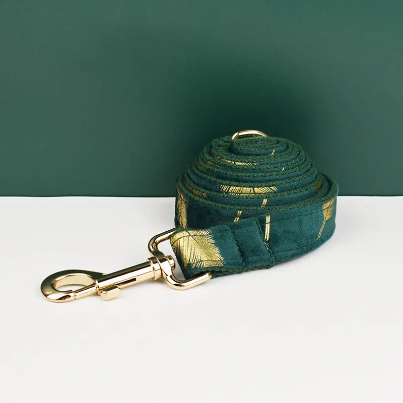 D&D Paws  Green Feather Velvet Floral Dog Collar, Harness & Leash Set – Personalized