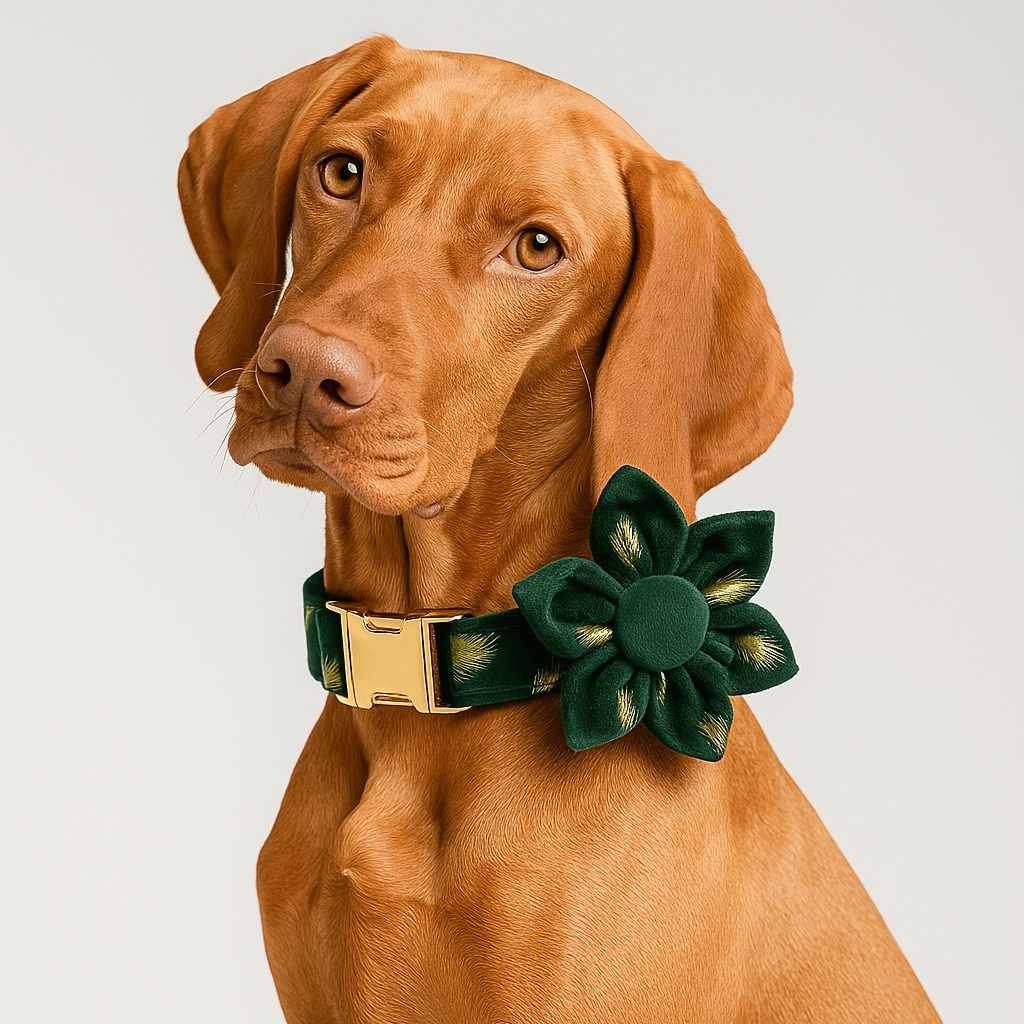 D&D Paws  Green Feather Velvet Floral Dog Collar, Harness & Leash Set – Personalized