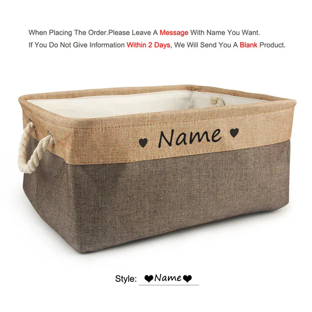 D&D Paws  Heart coffee / S 31X21X12cm Personalized Pet Toy Storage Basket – Custom Name Linen Organizer for Dogs & Cats