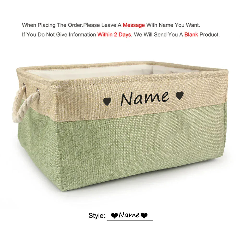 D&D Paws  Heart green / S 31X21X12cm Personalized Pet Toy Storage Basket – Custom Name Linen Organizer for Dogs & Cats