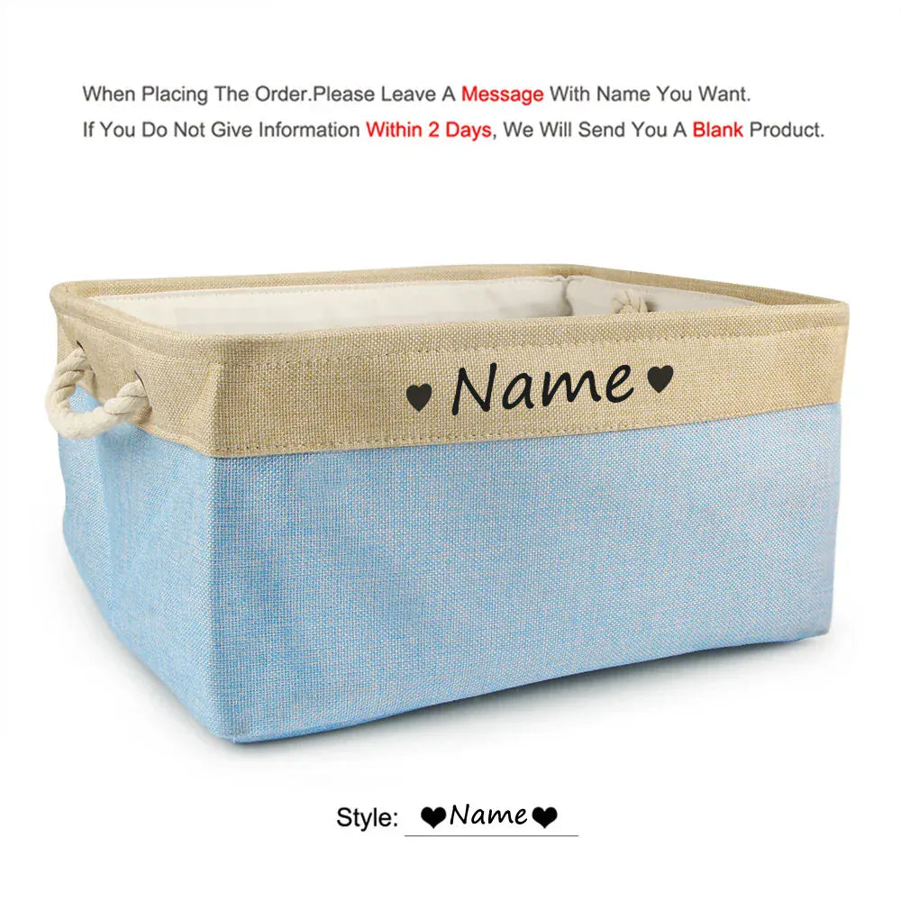 D&D Paws  Heart Light blue / S 31X21X12cm Personalized Pet Toy Storage Basket – Custom Name Linen Organizer for Dogs & Cats