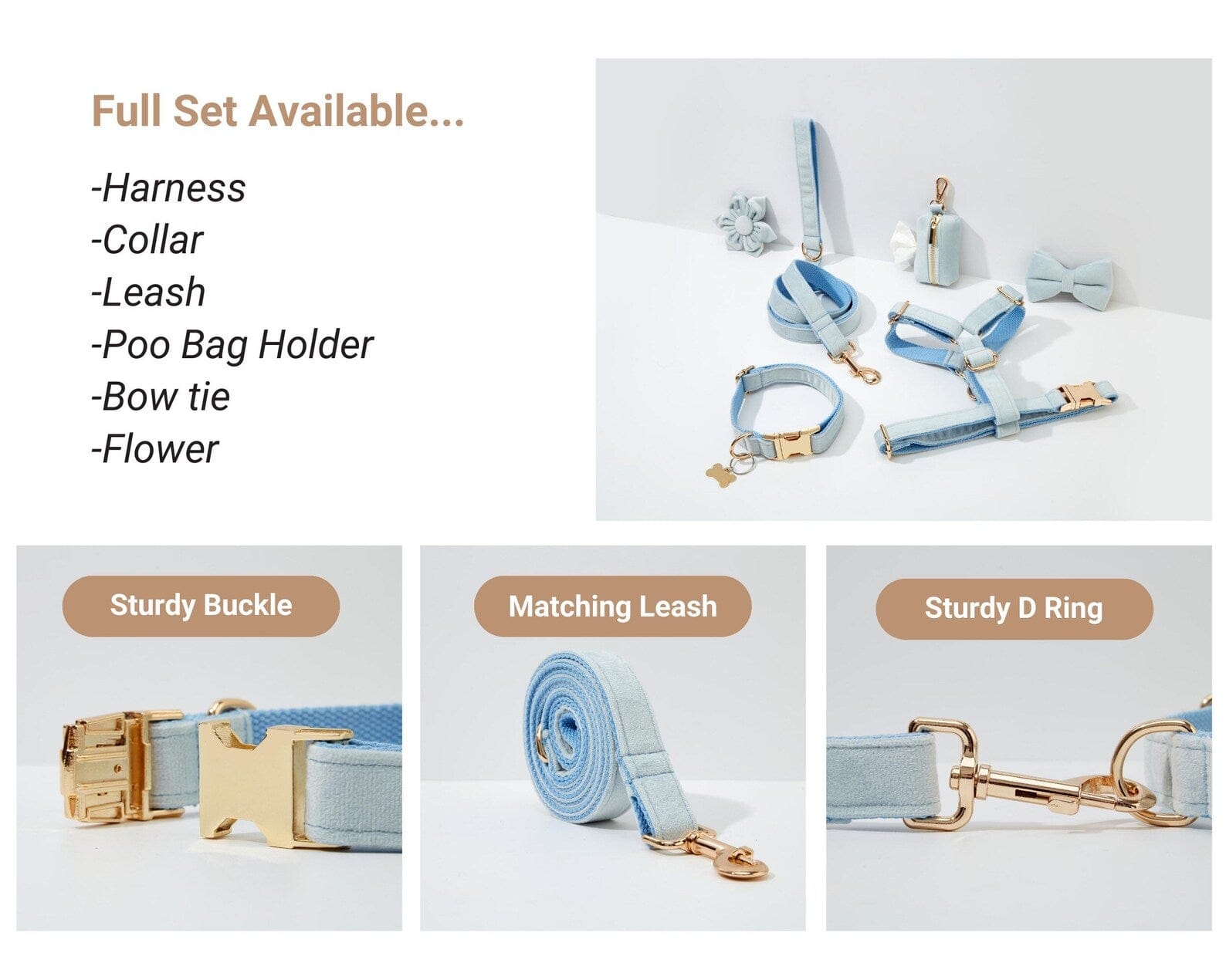 D&D Paws  Light Blue Velvet Dog Collar, Harness & Leash Set – Modern Luxe Personalized