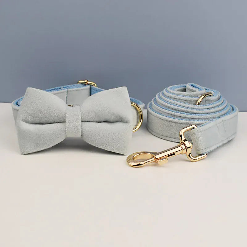 D&D Paws  Light Blue Velvet Dog Collar, Harness & Leash Set – Modern Luxe Personalized