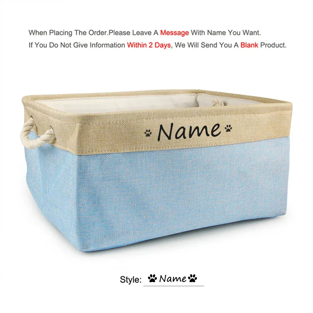 D&D Paws  Paw Light blue / S 31X21X12cm Personalized Pet Toy Storage Basket – Custom Name Linen Organizer for Dogs & Cats