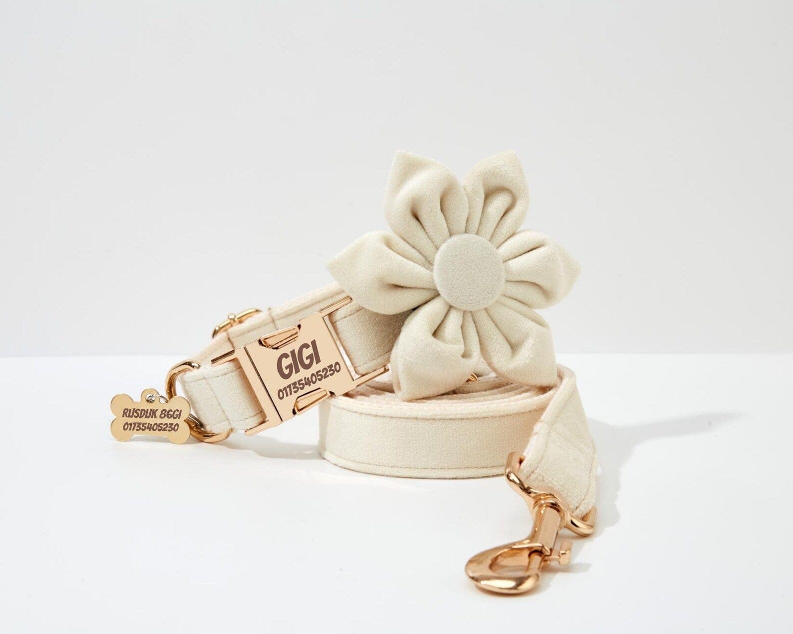 D&D Paws  Personalized Milky White Velvet Dog Harness, Collar & Leash Set