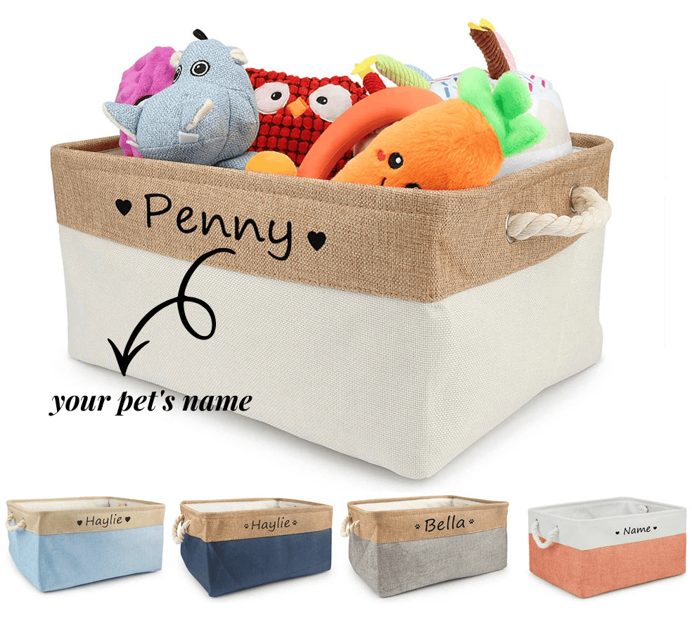 D&D Paws  Personalized Pet Toy Storage Basket – Custom Name Linen Organizer for Dogs & Cats