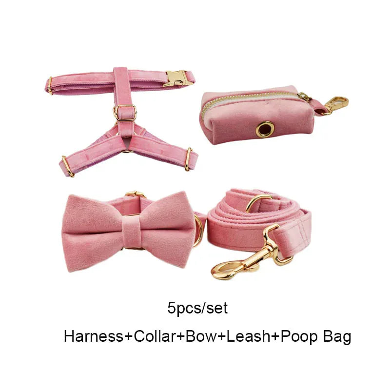 D&D Paws  Pink Velvet Dog Collar, Harness & Leash Set – Modern Luxe Personalized