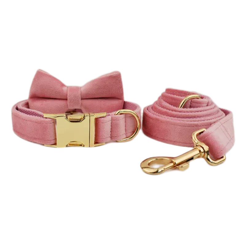 D&D Paws  Pink Velvet Dog Collar, Harness & Leash Set – Modern Luxe Personalized