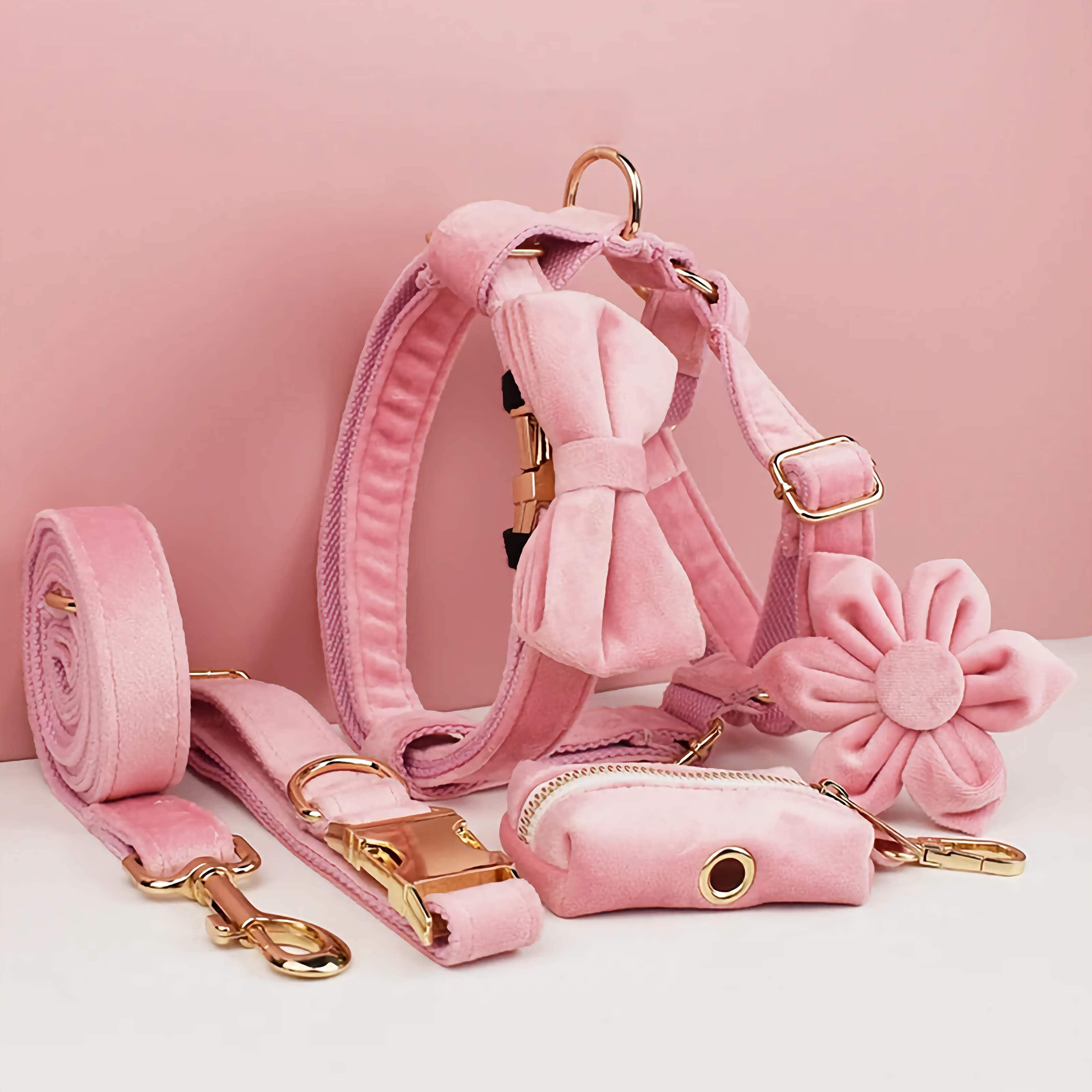 D&D Paws  Pink Velvet Dog Collar, Harness & Leash Set – Modern Luxe Personalized