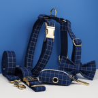 D&D Paws  Plaid Dark Blue Dog Collar, Leash & Harness Set – Classic Elegance