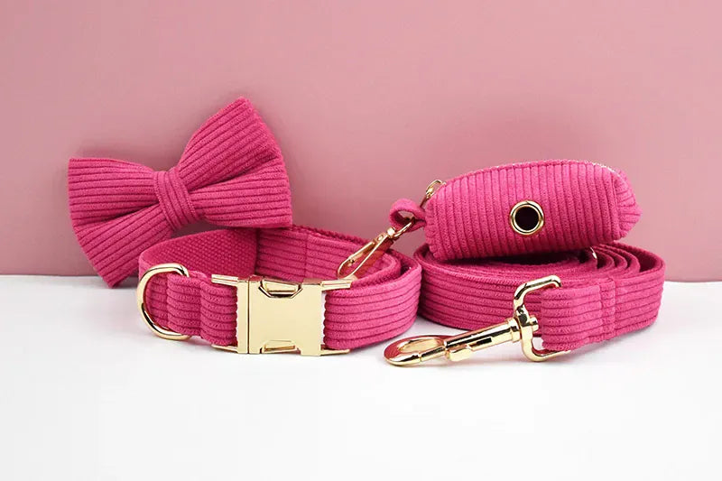 D&D Paws  Red Corduroy Dog Harness, Collar & Leash Set – Classic Elegance Collection