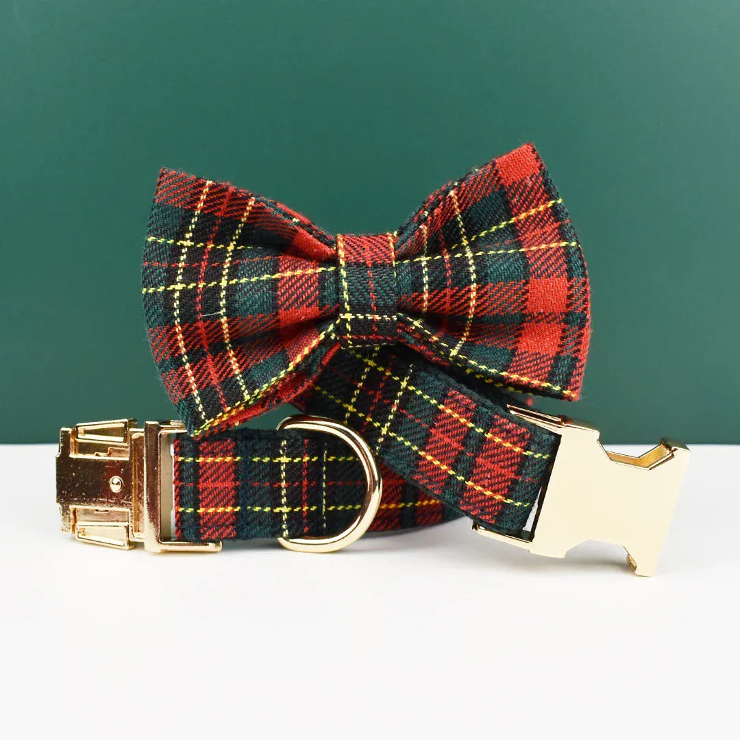D&D Paws  Red Tartan Christmas Dog Harness, Collar & Leash Set – Personalized Holiday Style