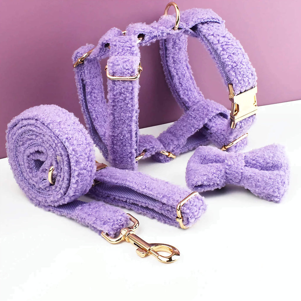D&D Paws  Teddy Purple Velvet Dog Collar, Harness & Leash Set – Classic Elegance