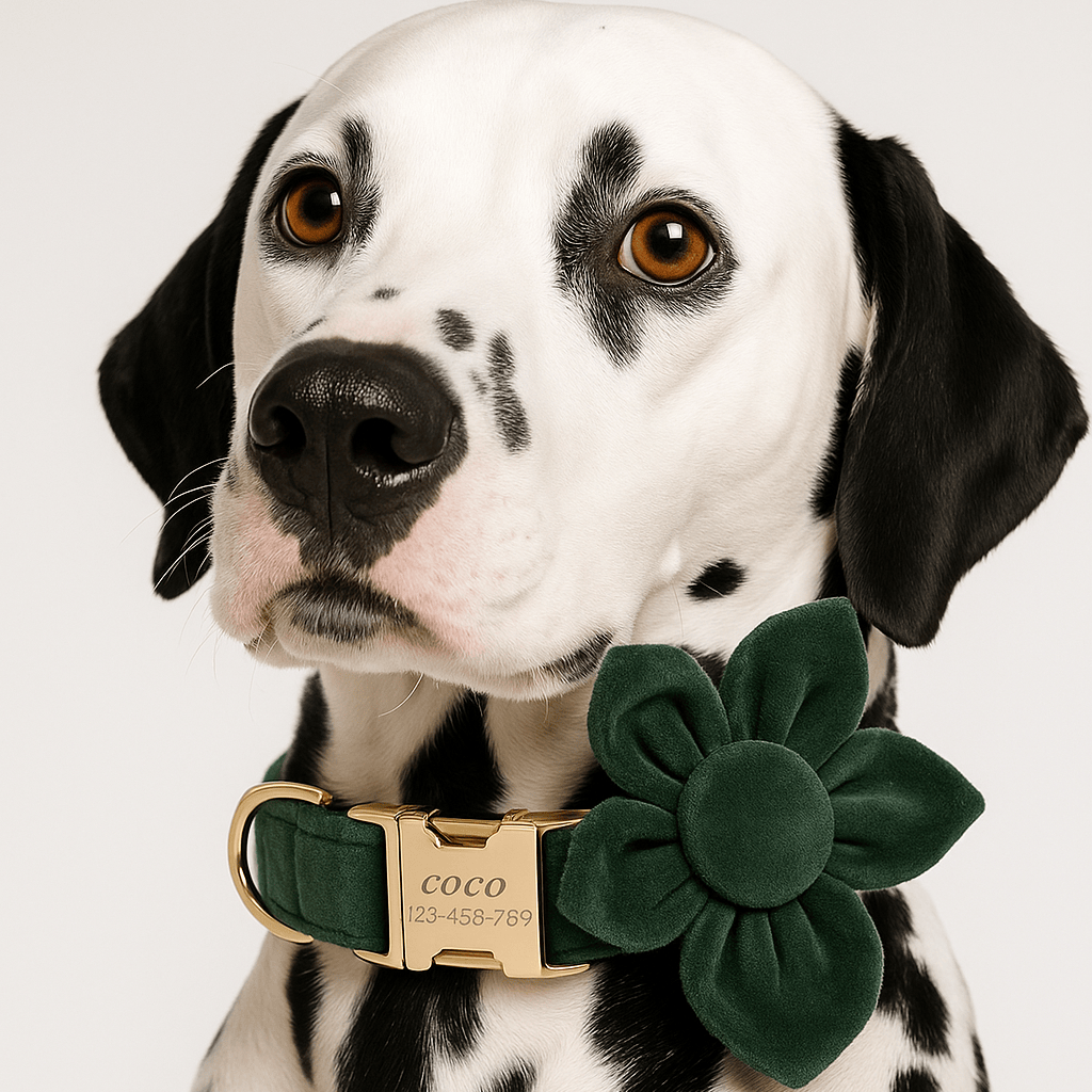 D&D Paws  Velvet Dark Green Dog Collar, Harness & Leash Set – Modern Luxe Personalized